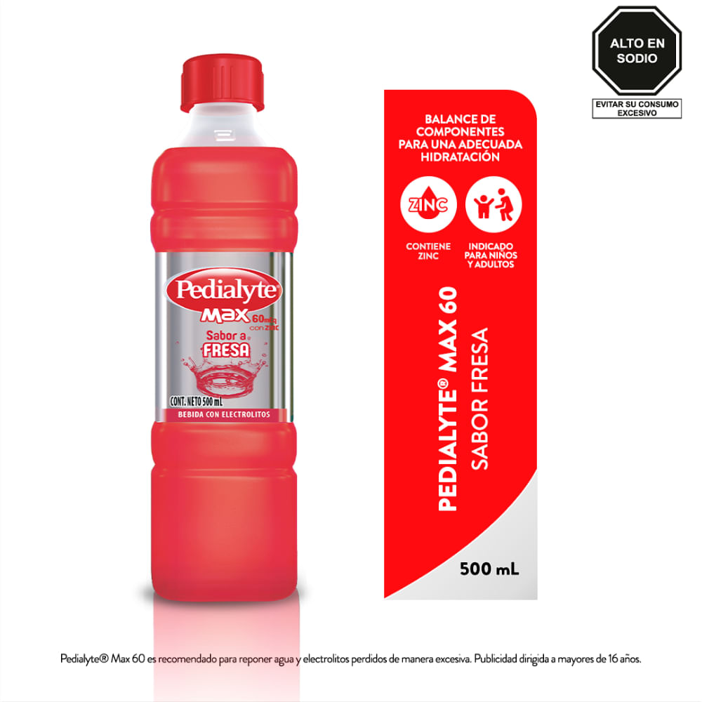 Pedialyte Max 60 mEq Sabor Fresa - Frasco 500 ml