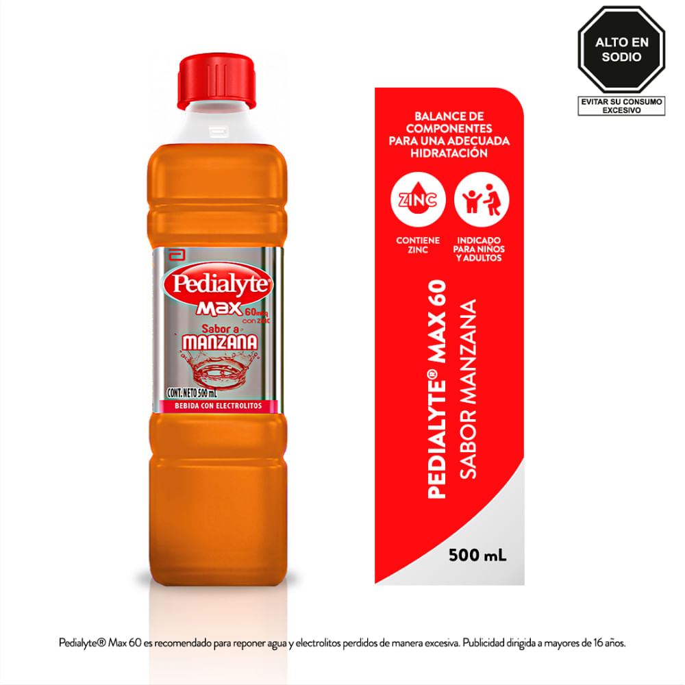Pedialyte Max 60 mEq Sabor Manzana - Frasco 500 ml
