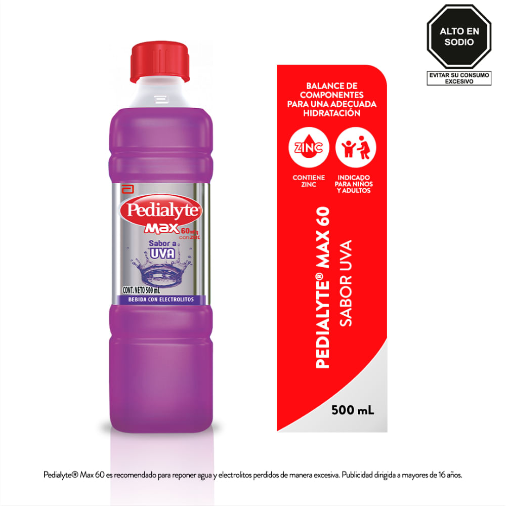 Pedialyte Max 60 mEq Sabor Uva - Frasco 500 ml
