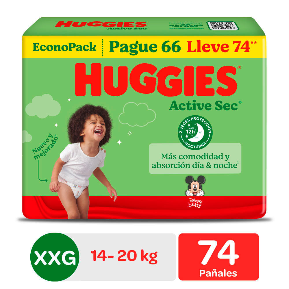 Huggies Active Sec Pañales para Bebé Talla XXG Bigpack - Bolsa 74 und