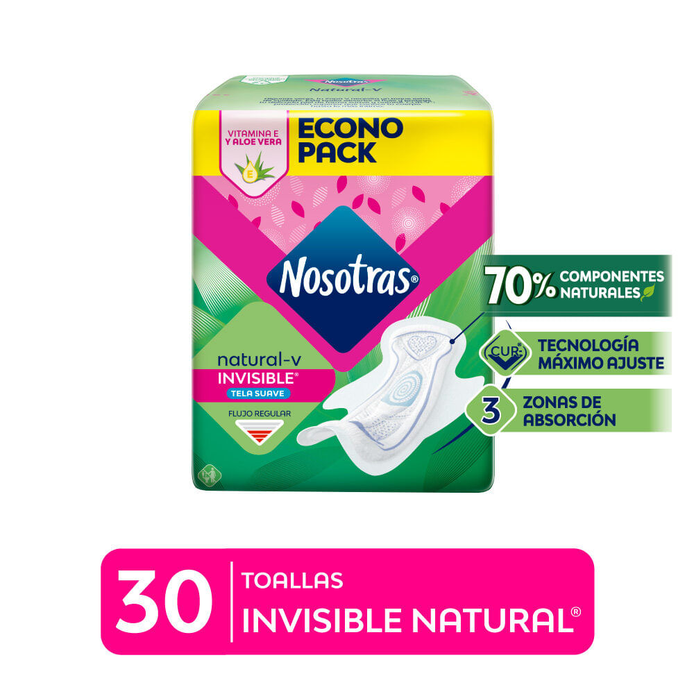 Nosotras Natural Invisible Algodón Toallas Higiénicas - Bolsa 30 und