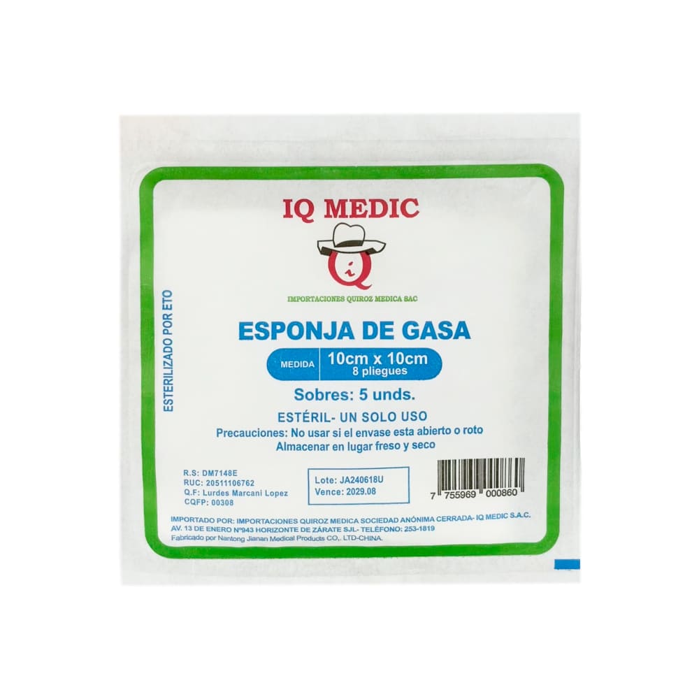 IQ Medic Esponja de Gasa Estéril (10 x 10 cm) - Sobre 5 und