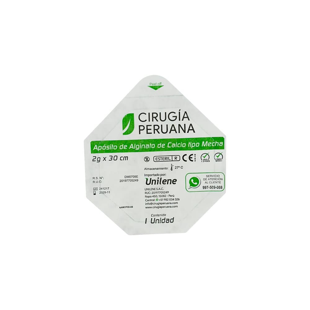 Cirugía Peruana Apósito de Alginato de Calcio Tipo Mecha 2 g - Sobre 1 und