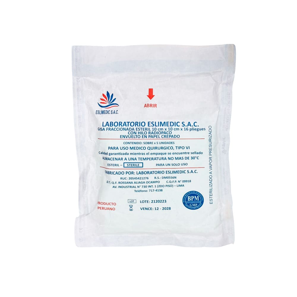 Eslimedic Gasa Fraccionada Estéril con Hilo Radiopaco (10 x 10 cm) - Sobre 5 und