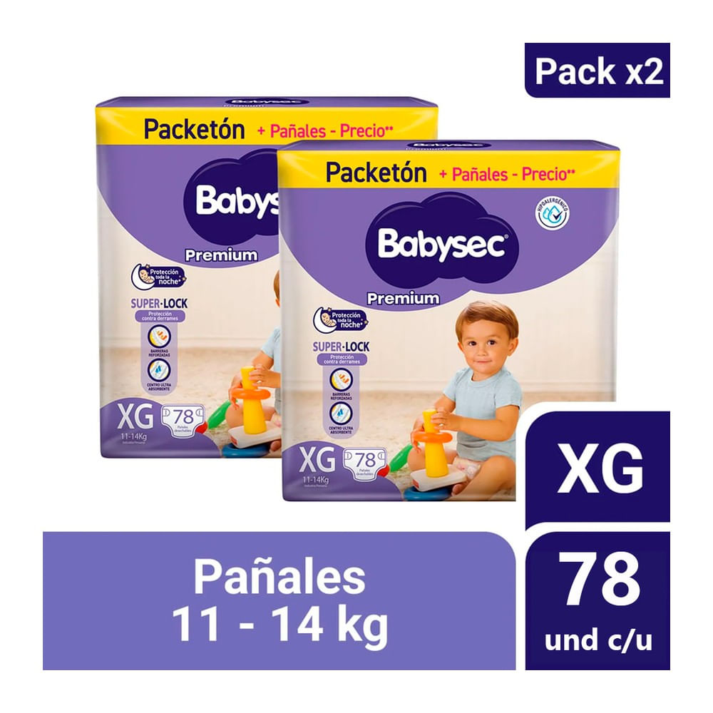 Pack x 2 Babysec Premium Pañales para Bebé Talla XG 78 und c/u