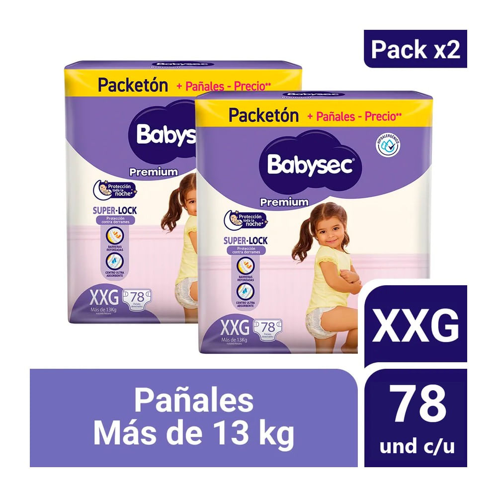 Pack x 2 Babysec Premium Pañales para Bebé Talla XXG 78 und c/u
