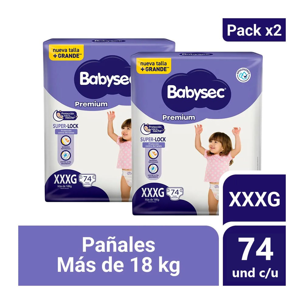 Pack x 2 Babysec Premium Pañales para Bebé Talla XXXG 74 und c/u