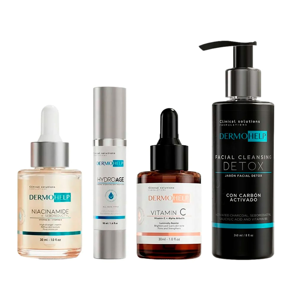 Pack Dermohelp Serum Niacinamida 30 ml + Serum Vit C 30 ml + Crema 50 ml + Jabón Detox 240 ml