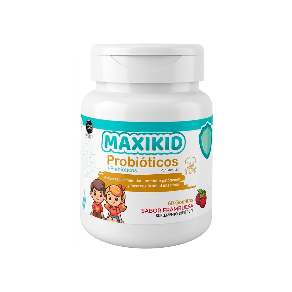 MaxiKid Probióticos + Prebióticos Gomitas Sabor Frambuesa - Frasco 60 und