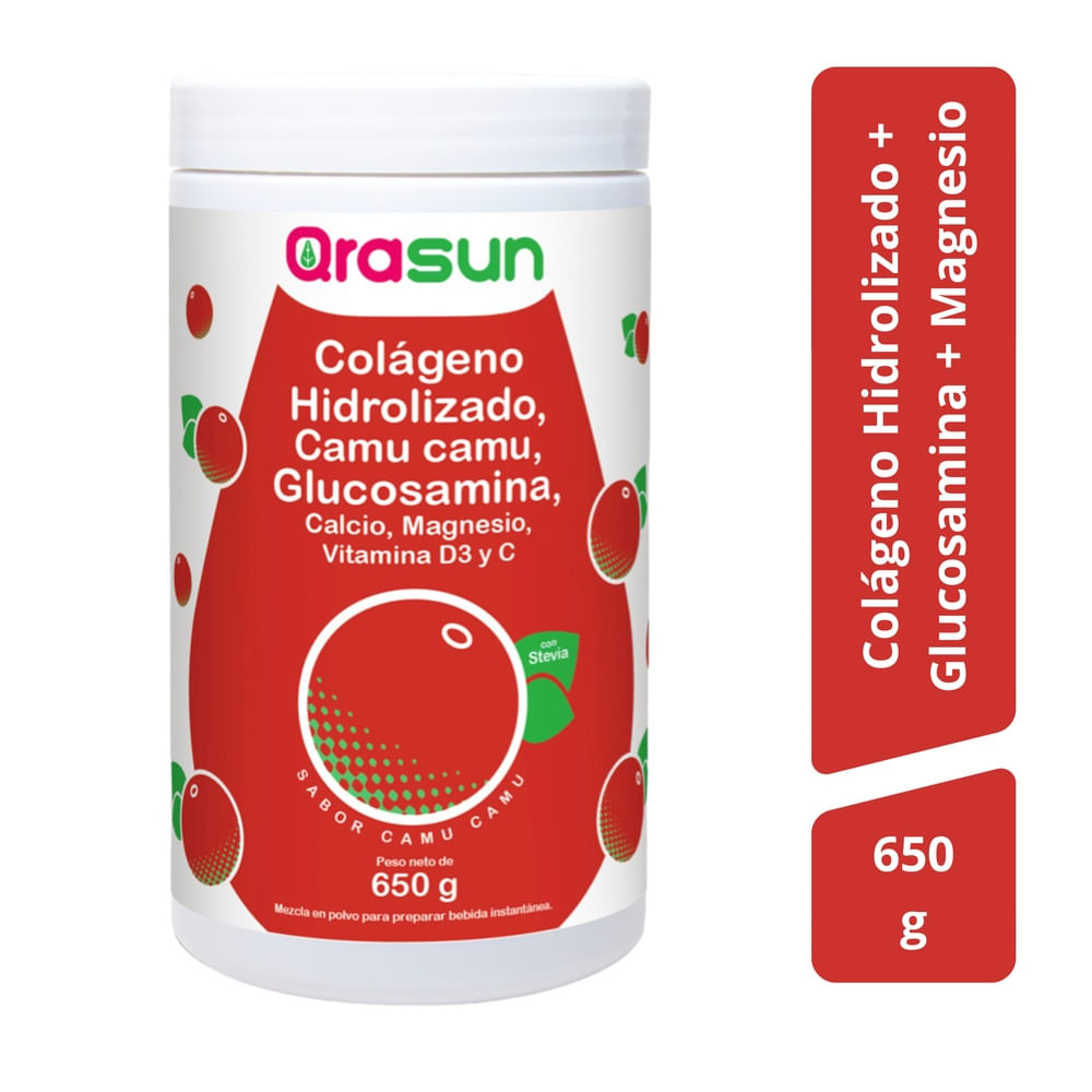 Qrasun Colágeno Hidrolizado + Glucosamina + Magnesio en Polvo Sabor Camu Camu - Frasco 650 g